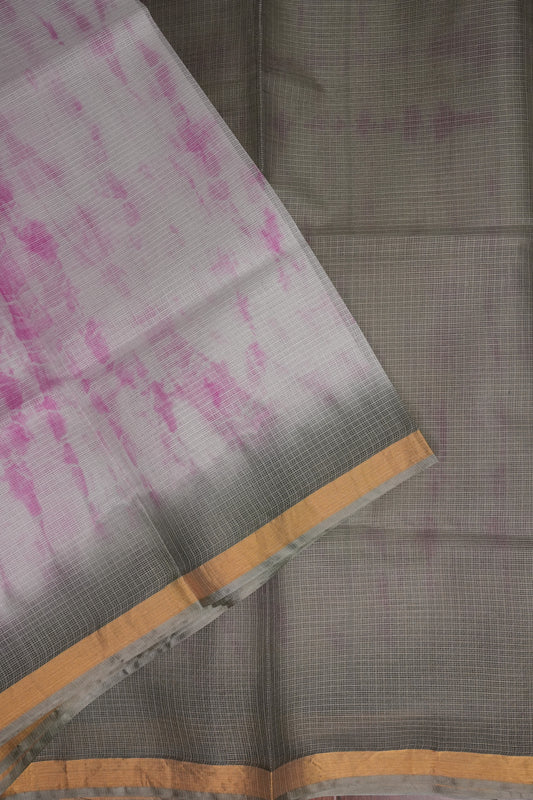 Silk Kota Shibori Tie & Dye Saree - Grey with Pink & White