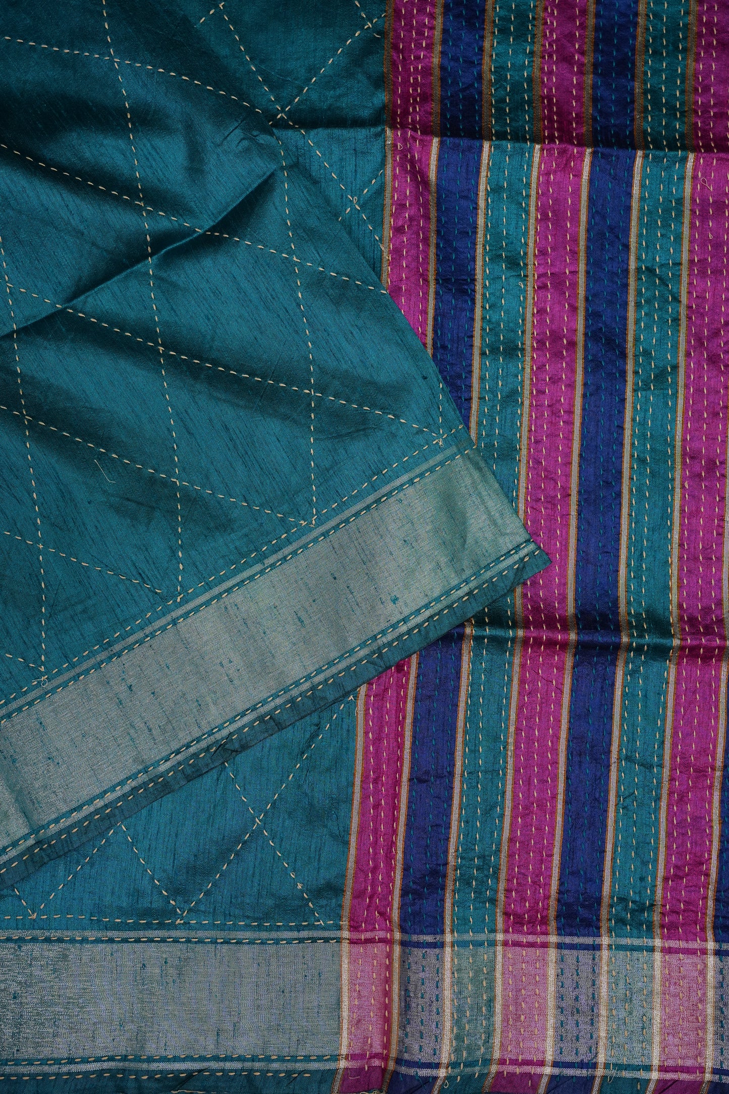 Raw Silk Saree with Katha Stitch – Teal Blue