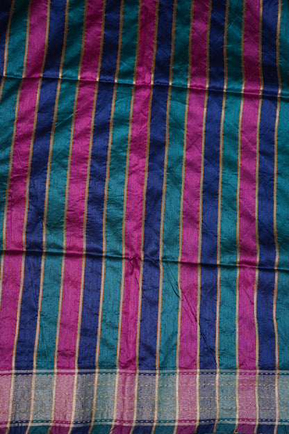 Raw Silk Saree with Katha Stitch – Teal Blue