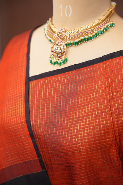 Rust Orange & Black Pure Kanchipuram Silk Saree|Silk Mark Certified