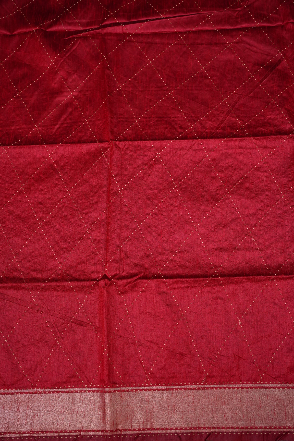 Raw Silk Saree with Katha Stitch – Red