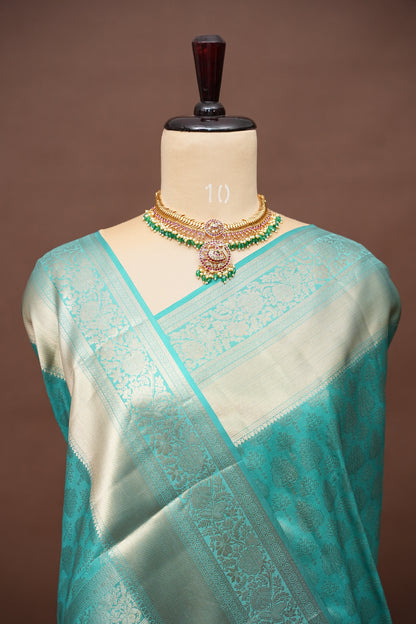 Soft Aqua Blue Pure Kanchipuram Brocade Silk Saree|Silk Mark Certified