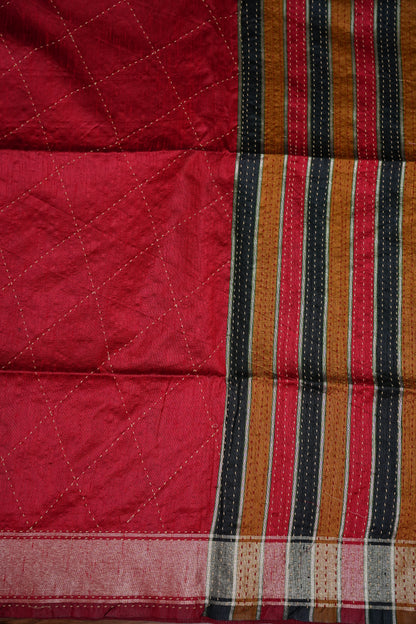 Raw Silk Saree with Katha Stitch – Red