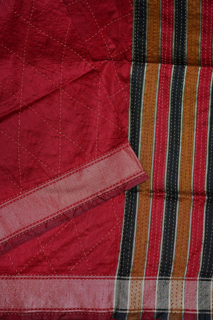 Raw Silk Saree with Katha Stitch – Red