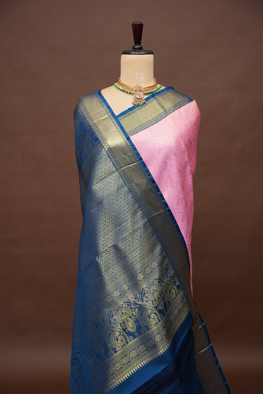Candy Pink & Peacock Blue Pure Kanchipuram Silk with 2 Gram Gold Zari Weave|Silk Mark Certified