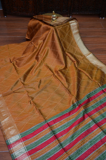 Raw Silk Saree with Katha Stitch – Mustard