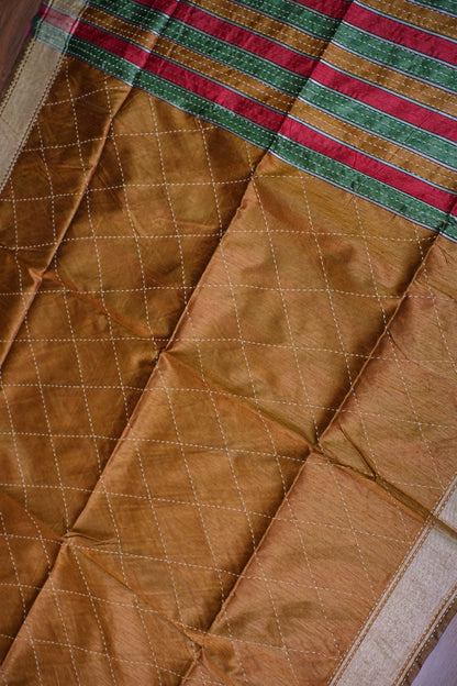 Raw Silk Saree with Katha Stitch – Mustard