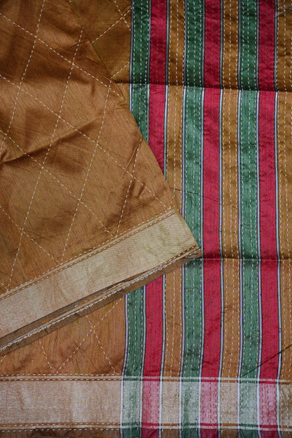Raw Silk Saree with Katha Stitch – Mustard