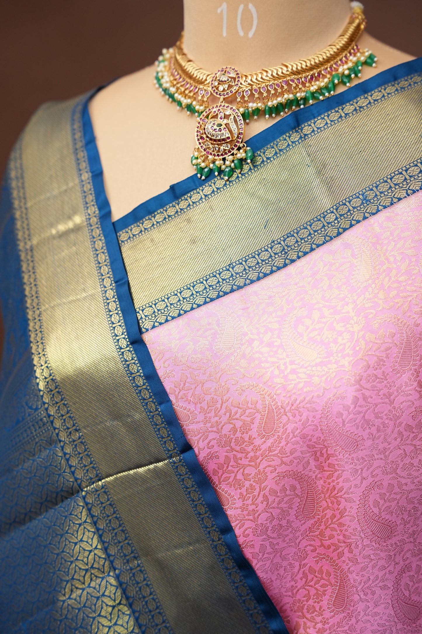 Candy Pink & Peacock Blue Pure Kanchipuram Silk with 2 Gram Gold Zari Weave|Silk Mark Certified
