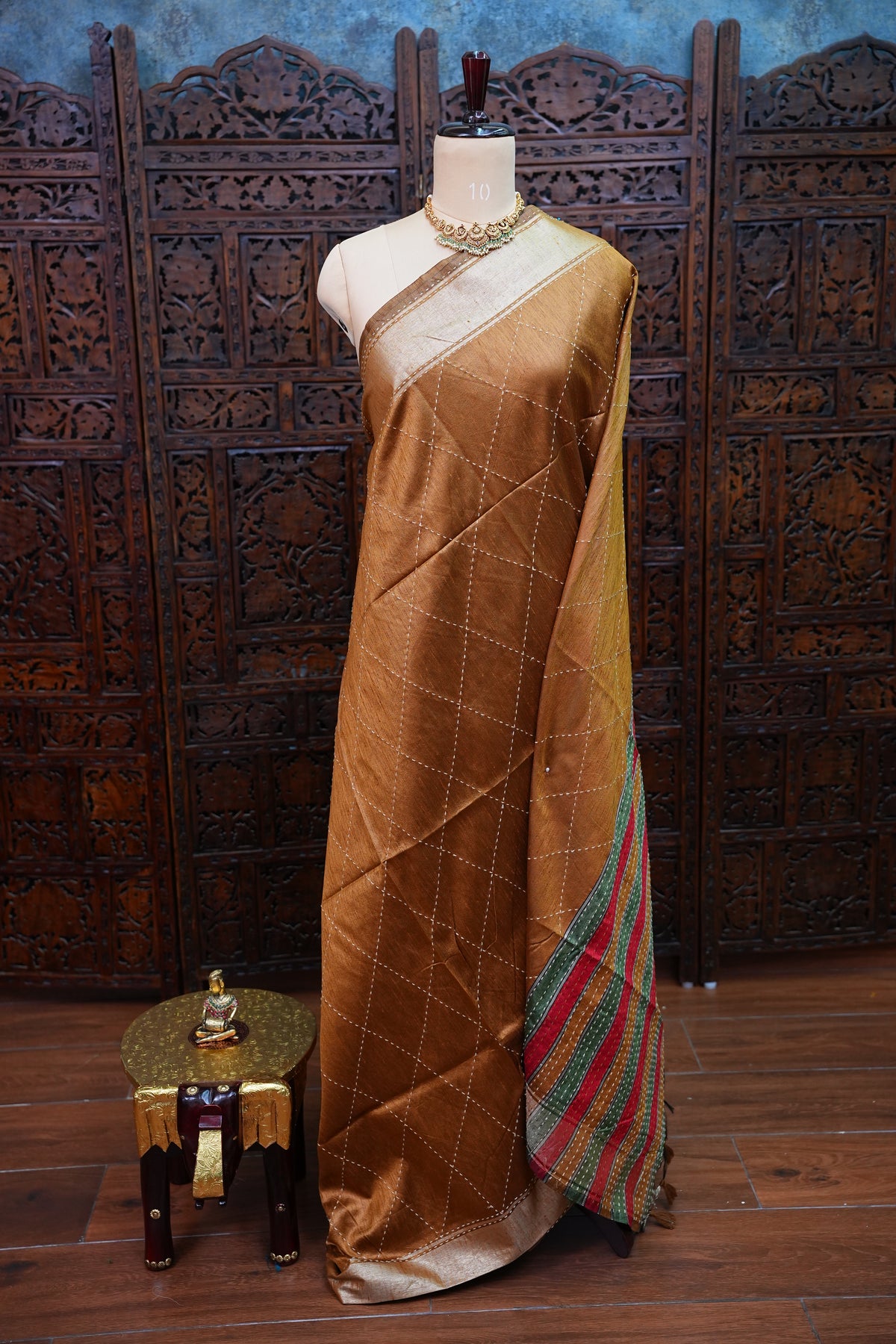 Raw Silk Saree with Katha Stitch – Mustard