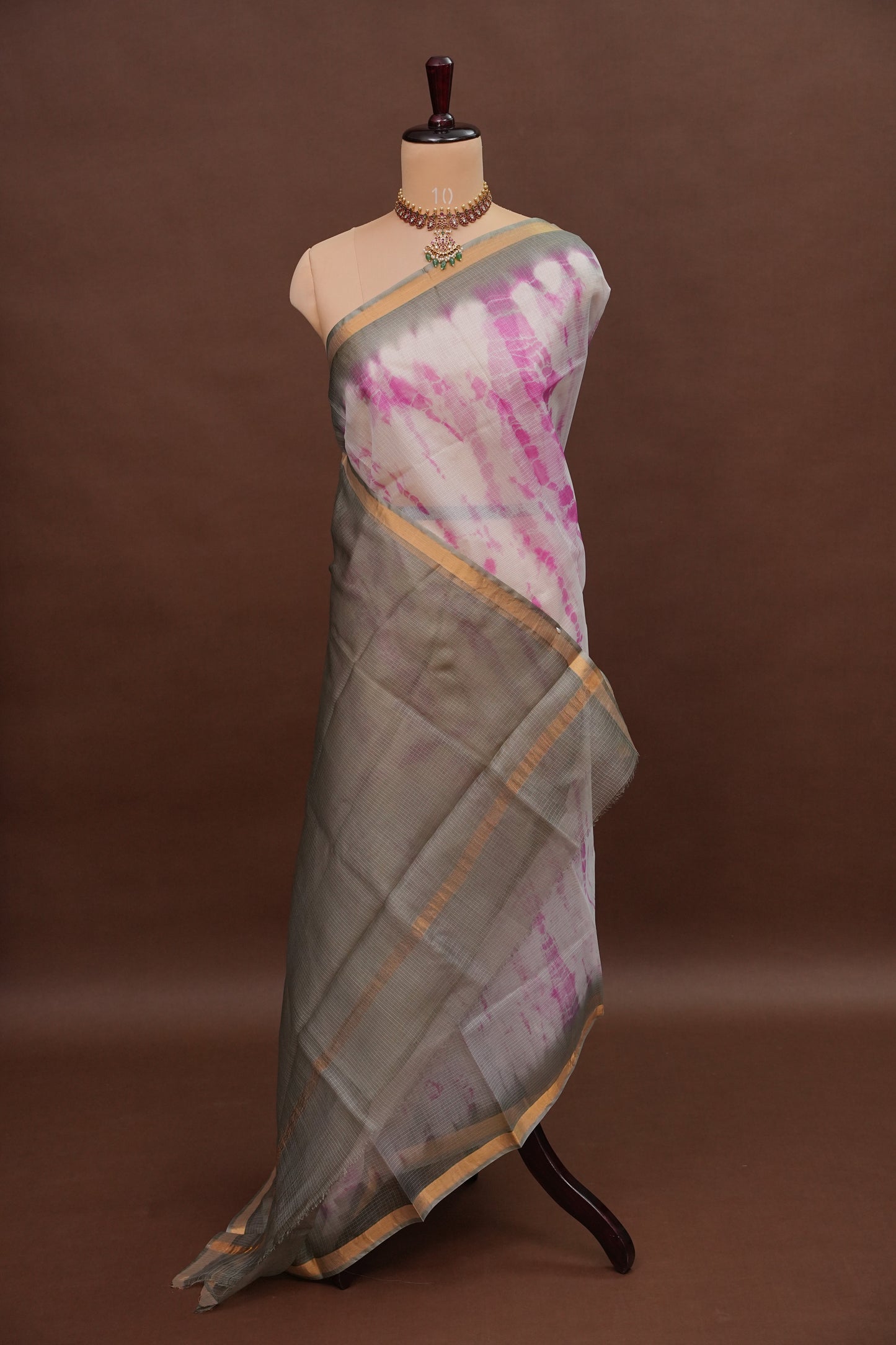 Silk Kota Shibori Tie & Dye Saree - Grey with Pink & White