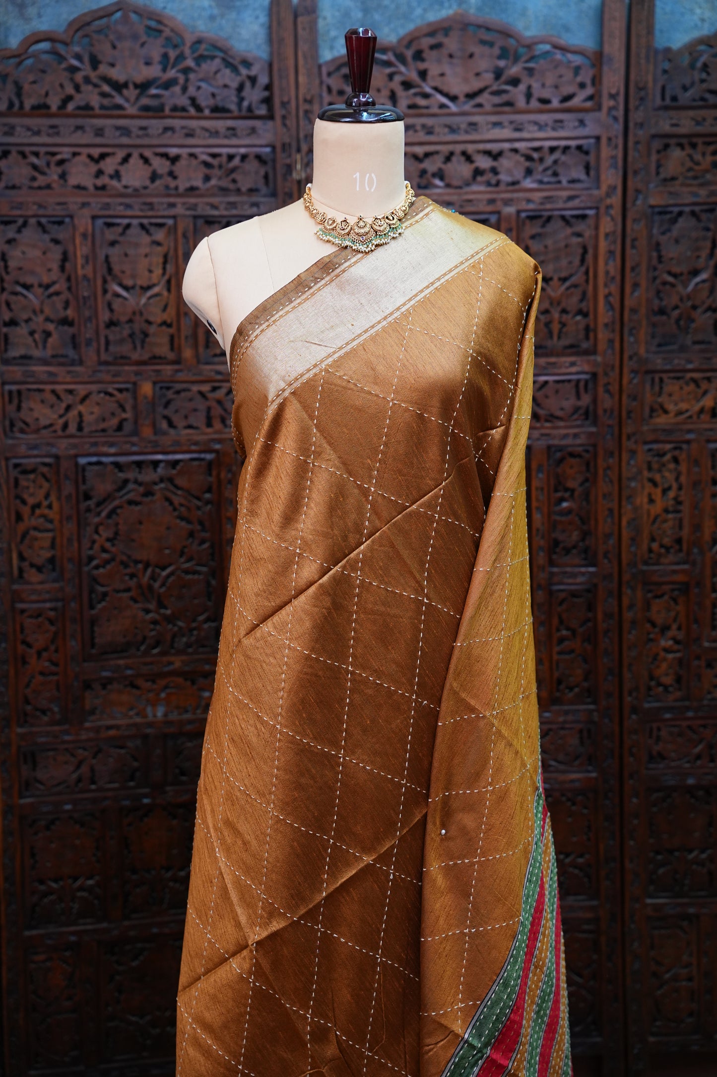 Raw Silk Saree with Katha Stitch – Mustard