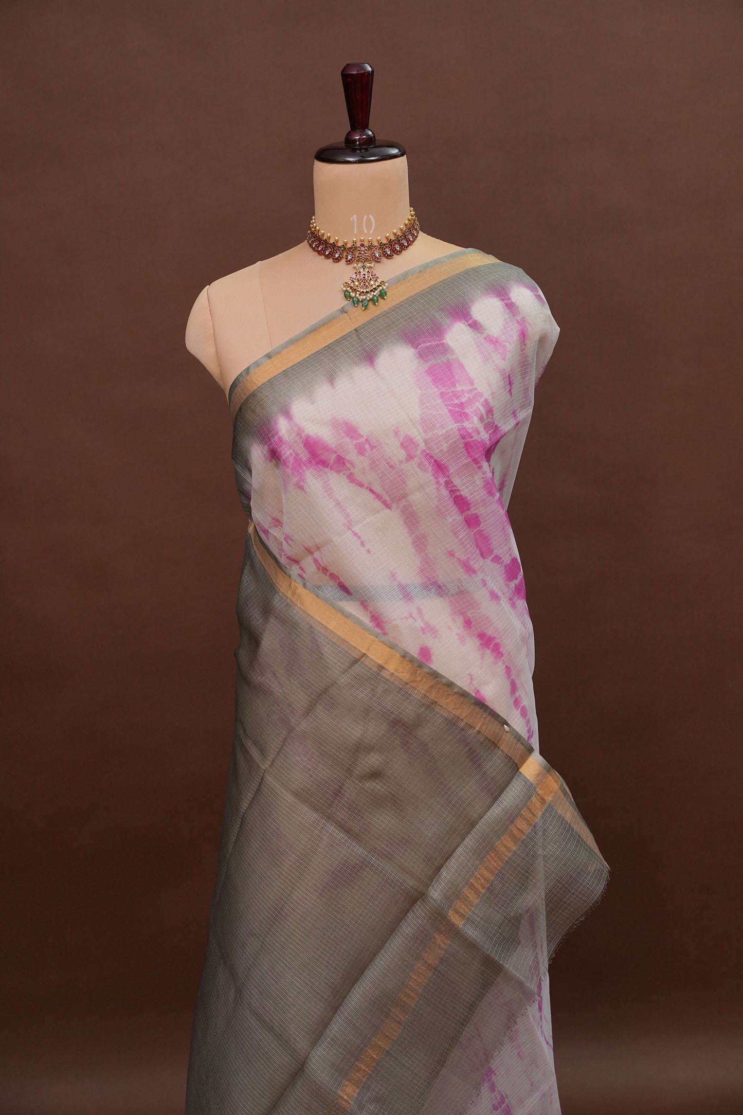Silk Kota Shibori Tie & Dye Saree - Grey with Pink & White