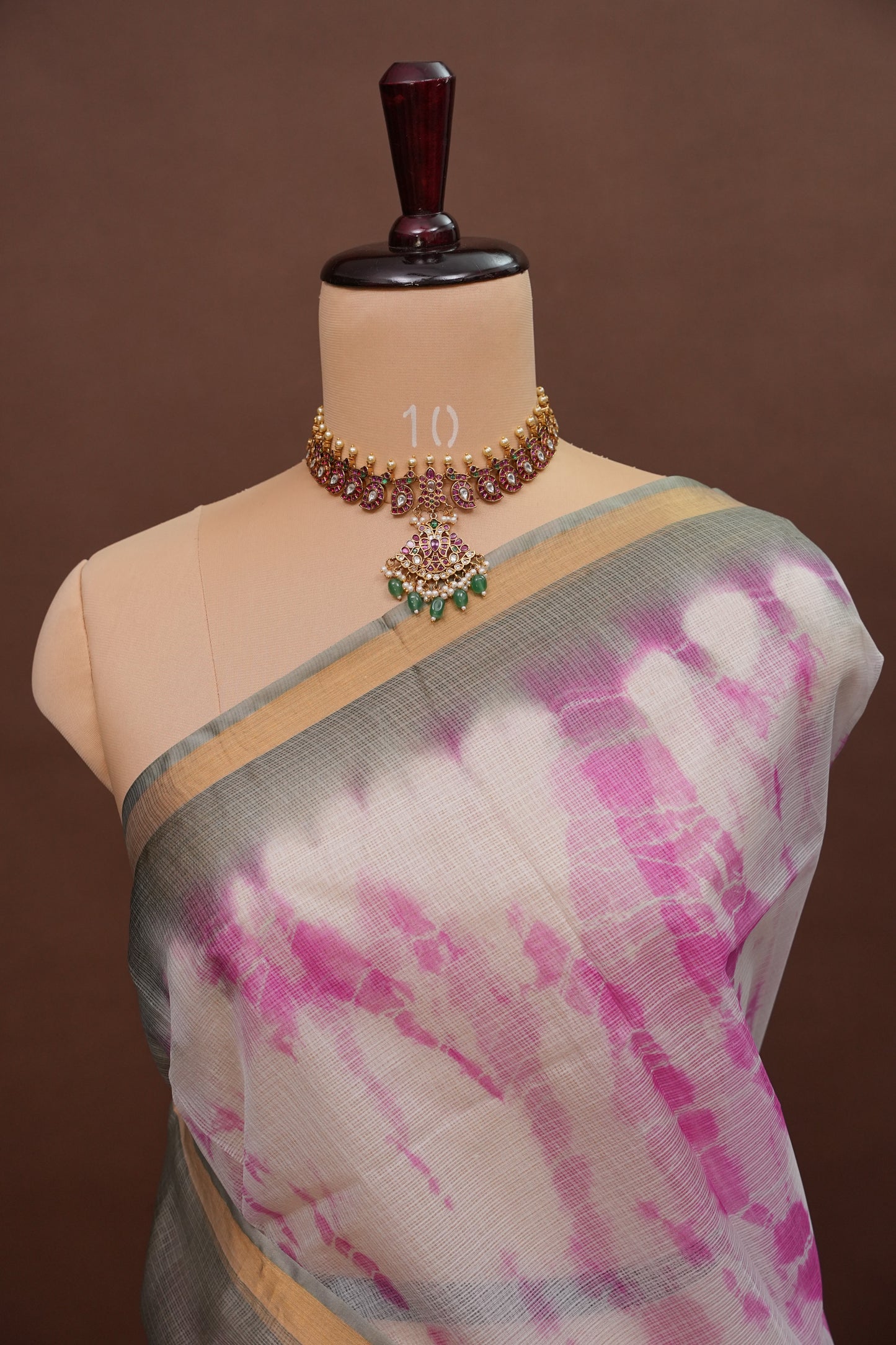 Silk Kota Shibori Tie & Dye Saree - Grey with Pink & White