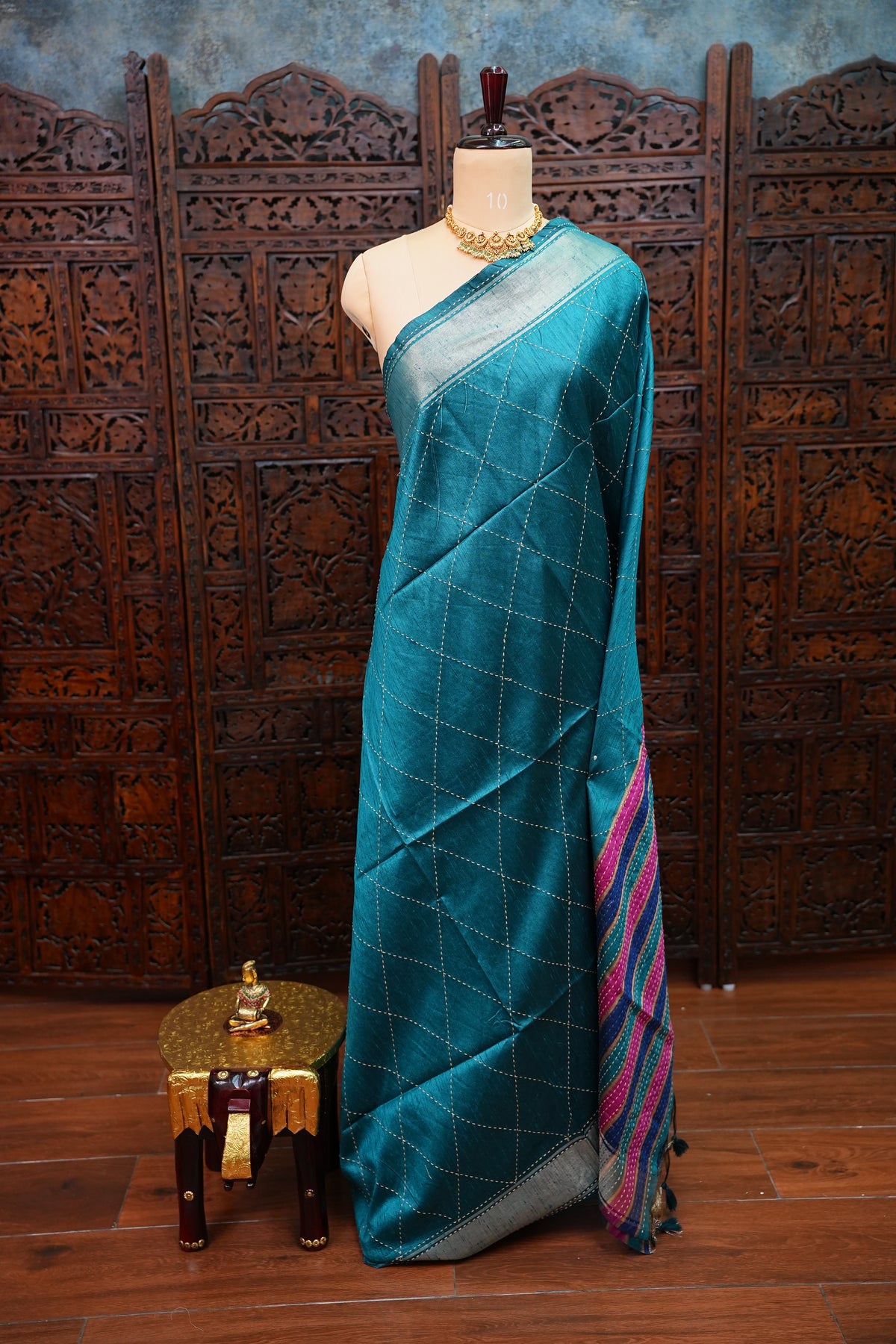 Raw Silk Saree with Katha Stitch – Teal Blue