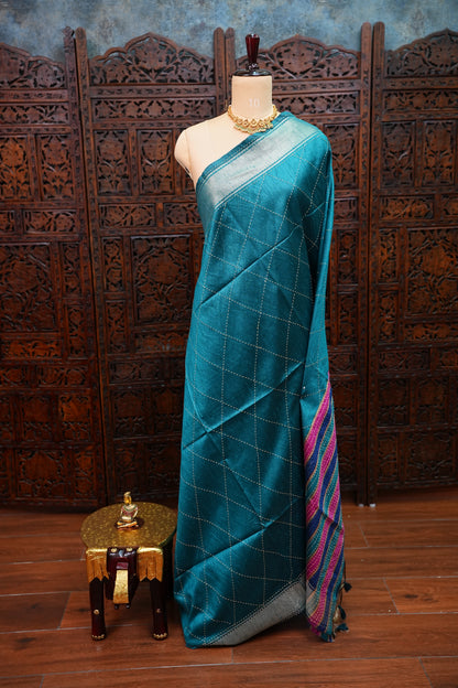 Raw Silk Saree with Katha Stitch – Teal Blue