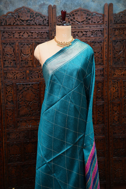 Raw Silk Saree with Katha Stitch – Teal Blue