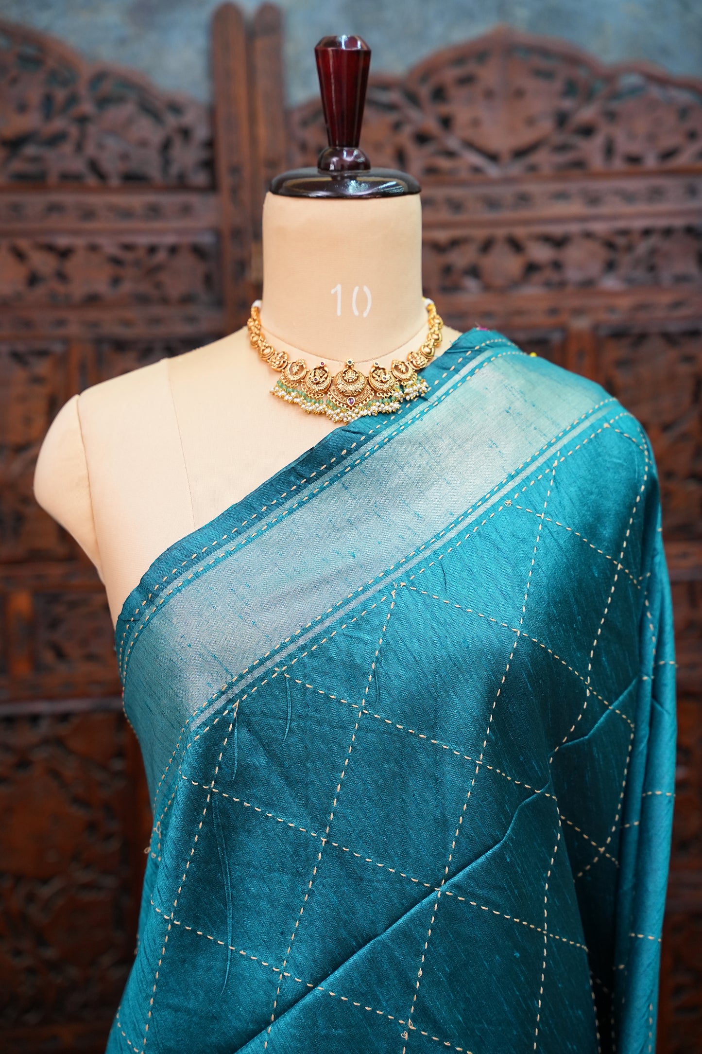 Raw Silk Saree with Katha Stitch – Teal Blue