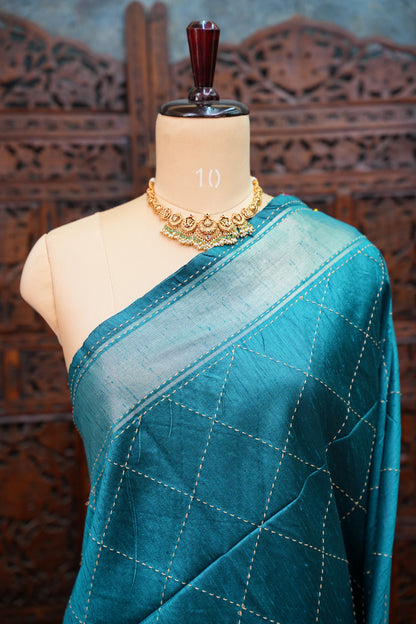 Raw Silk Saree with Katha Stitch – Teal Blue