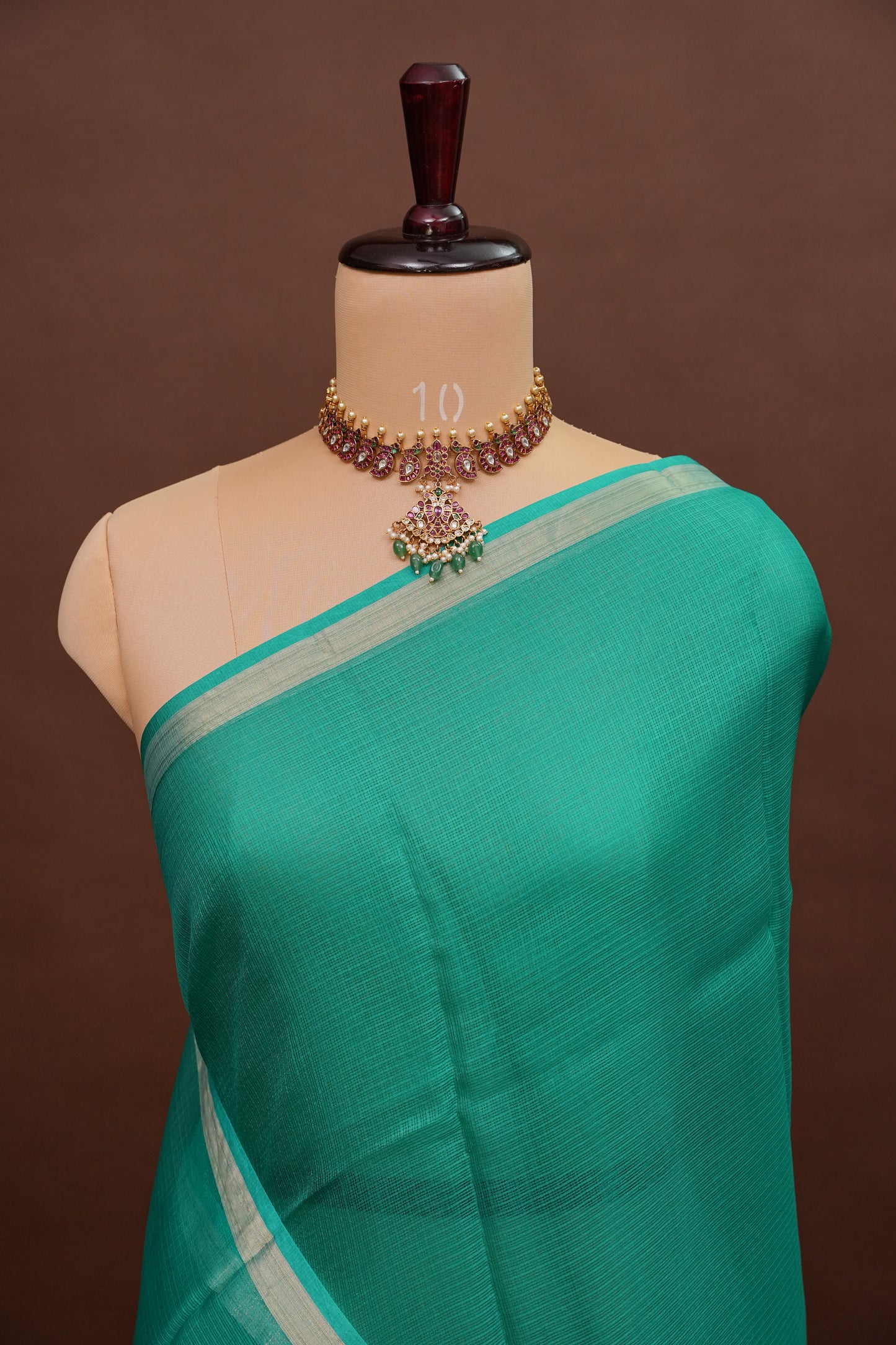Silk Kota Plain Saree - Turquoise Green