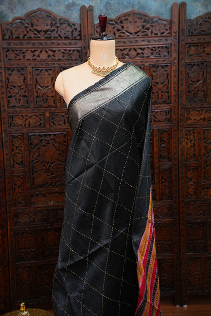 Raw Silk Saree with Katha Stitch – Black