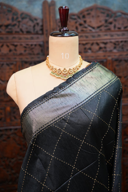 Raw Silk Saree with Katha Stitch – Black