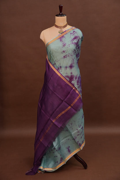 Silk Kota Shibori Tie & Dye Saree - Blue & Aubergine Purple