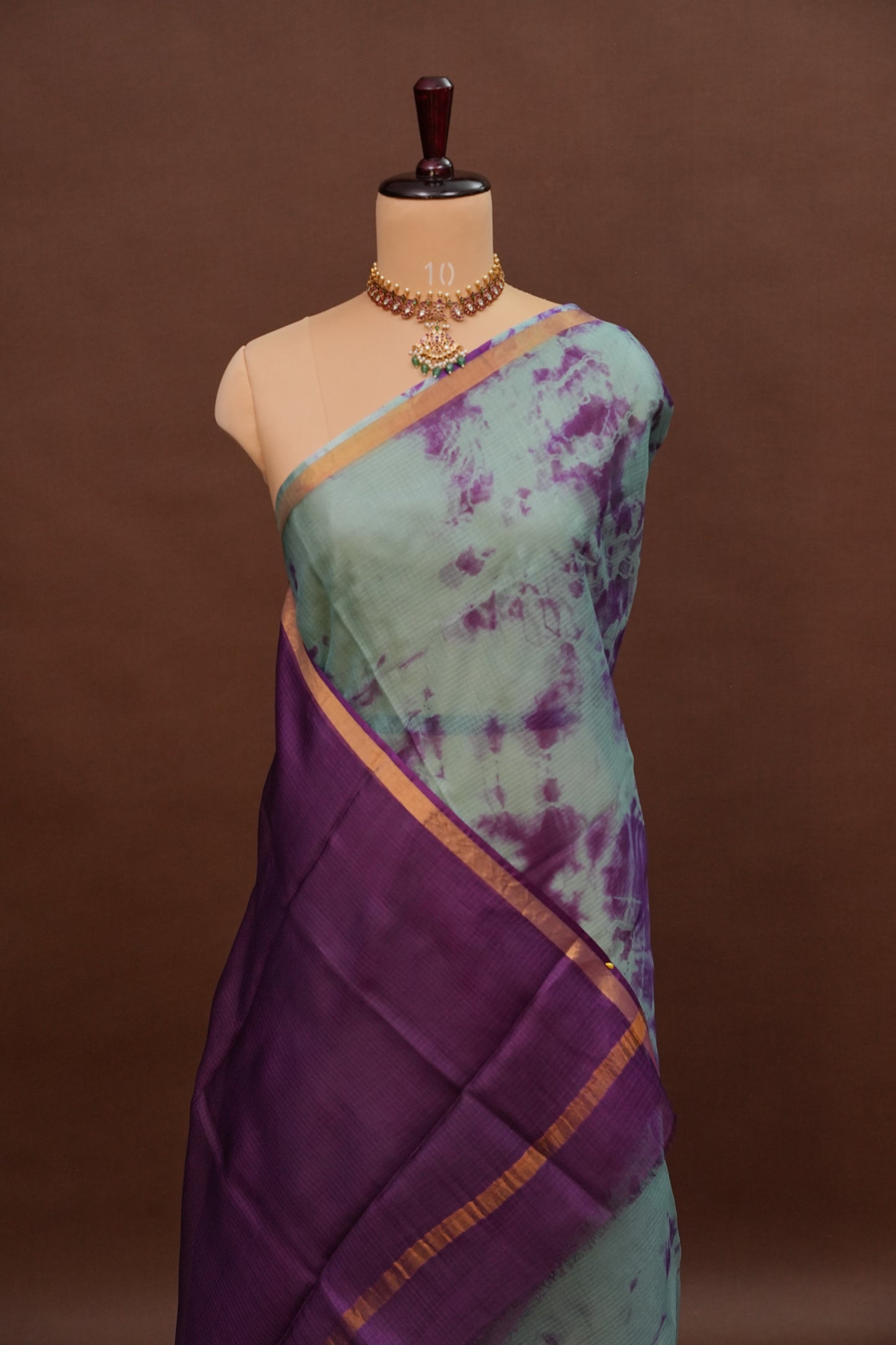 Silk Kota Shibori Tie & Dye Saree - Blue & Aubergine Purple