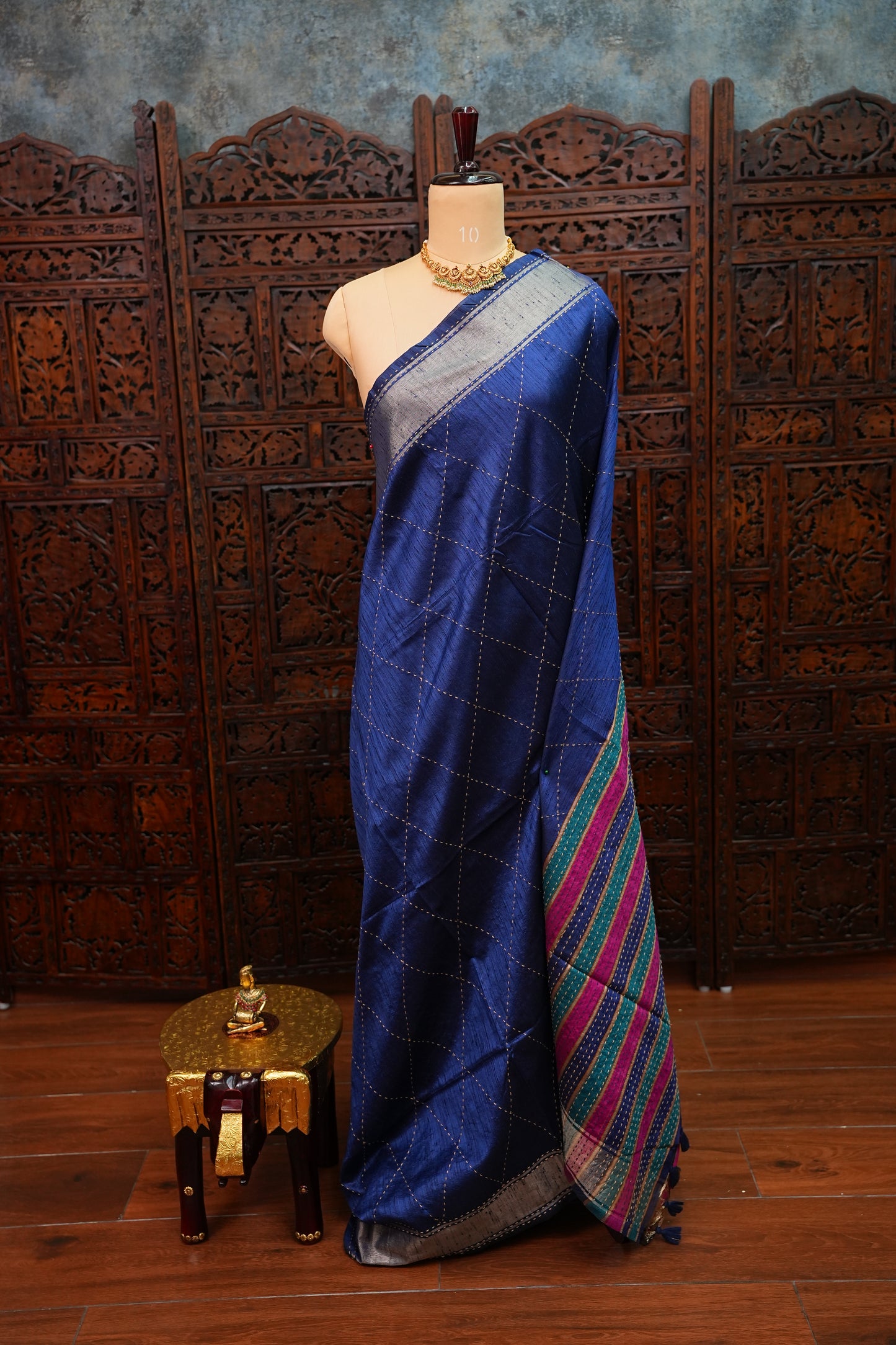 Raw Silk Saree with Katha Stitch – Royal Blue