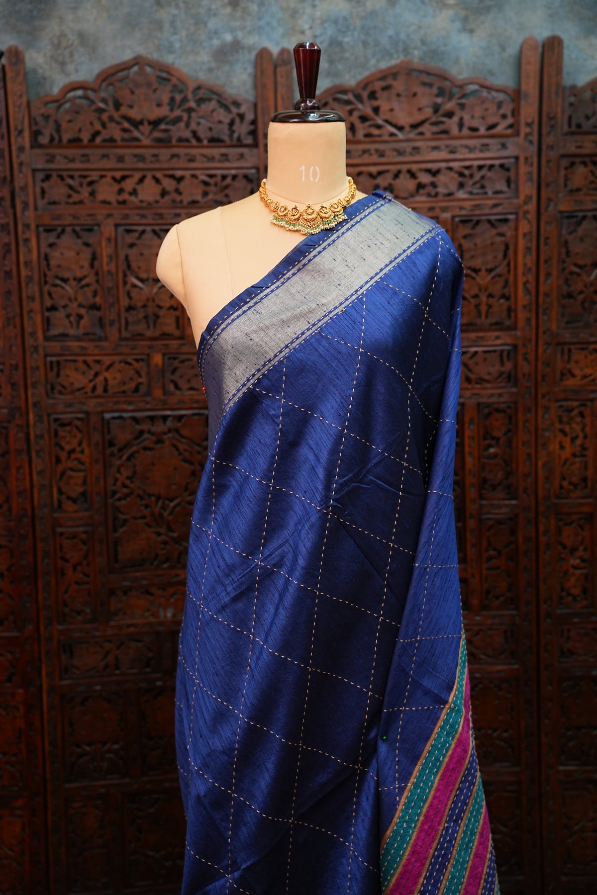 Raw Silk Saree with Katha Stitch – Royal Blue