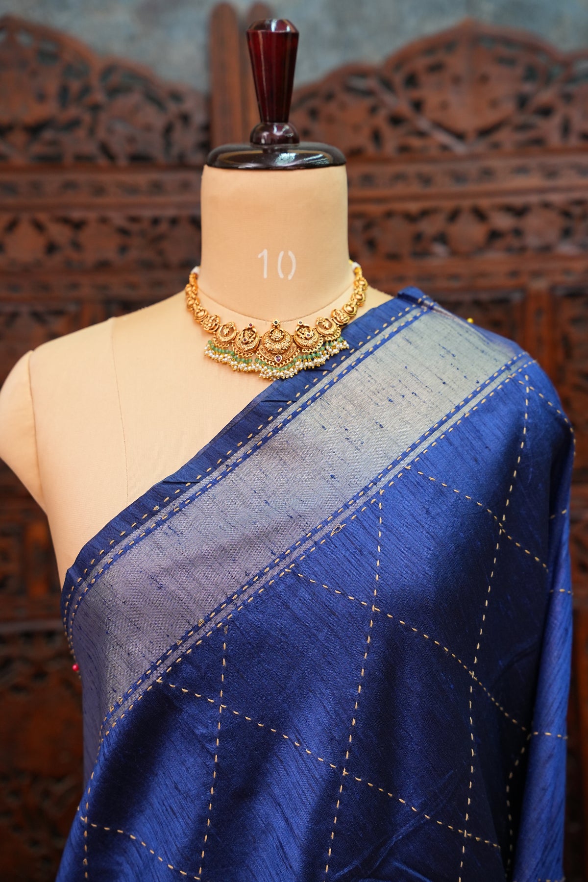 Raw Silk Saree with Katha Stitch – Royal Blue