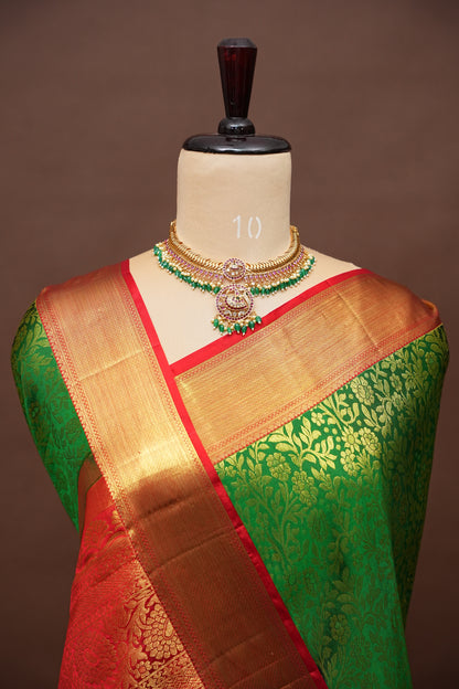 Emerald Green & Red Pure Kanchipuram Silk with 1 Gram Zari Weave|Silk Mark Certified