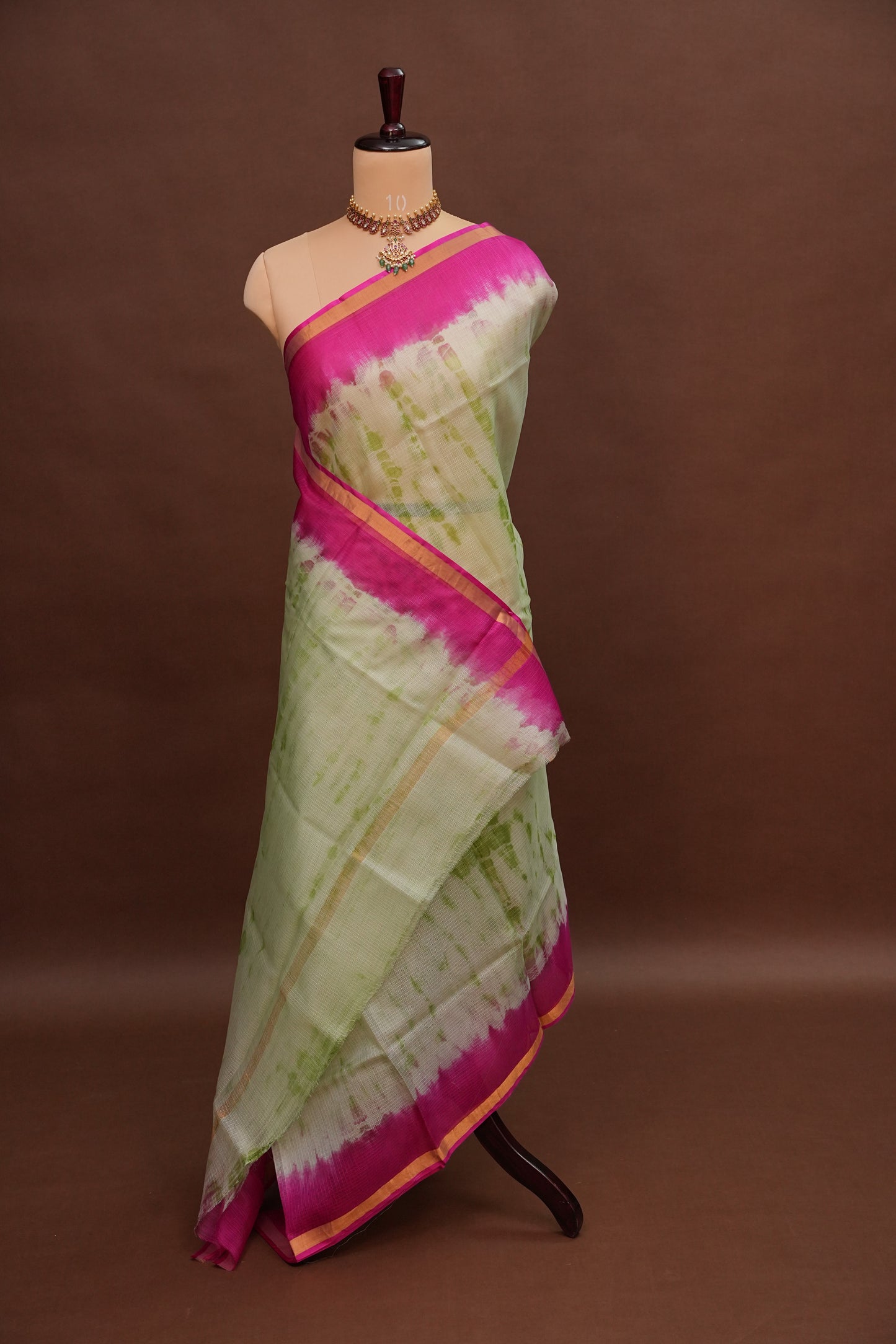Silk Kota Shibori Tie & Dye Saree - Leaf Green & Pink