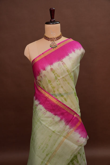 Silk Kota Shibori Tie & Dye Saree - Leaf Green & Pink