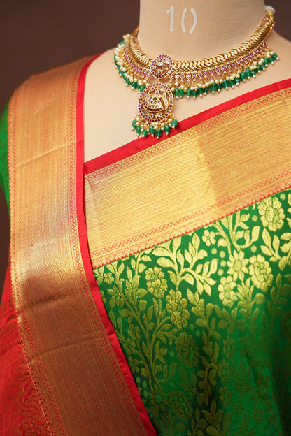 Emerald Green & Red Pure Kanchipuram Silk with 1 Gram Zari Weave|Silk Mark Certified