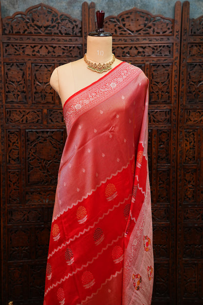 Mellow Tissue & Banarasi Fusion Saree with Meenakari Detailing – Red