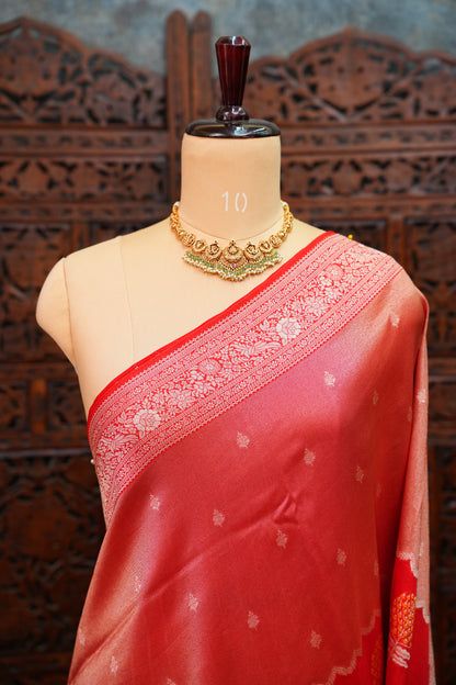 Mellow Tissue & Banarasi Fusion Saree with Meenakari Detailing – Red
