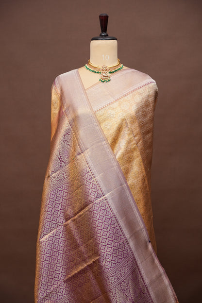 Honey Gold with Mauve Pink Pure Tissue Kanchipuram Silk Saree|Silk Mark Certified