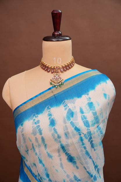 Silk Kota Shibori Tie & Dye Saree - Blue & White