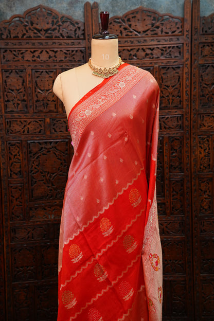 Mellow Tissue & Banarasi Fusion Saree with Meenakari Detailing – Vermilion Red