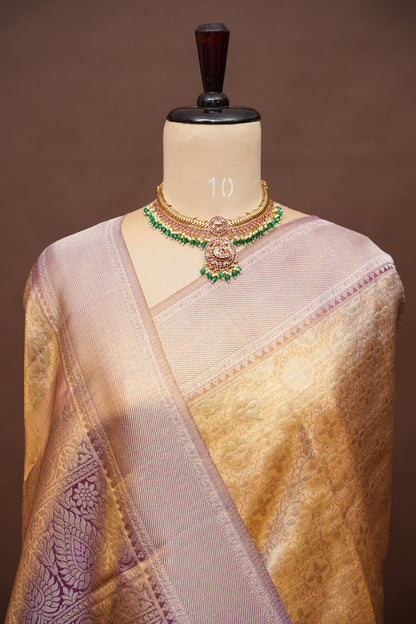 Honey Gold with Mauve Pink Pure Tissue Kanchipuram Silk Saree|Silk Mark Certified