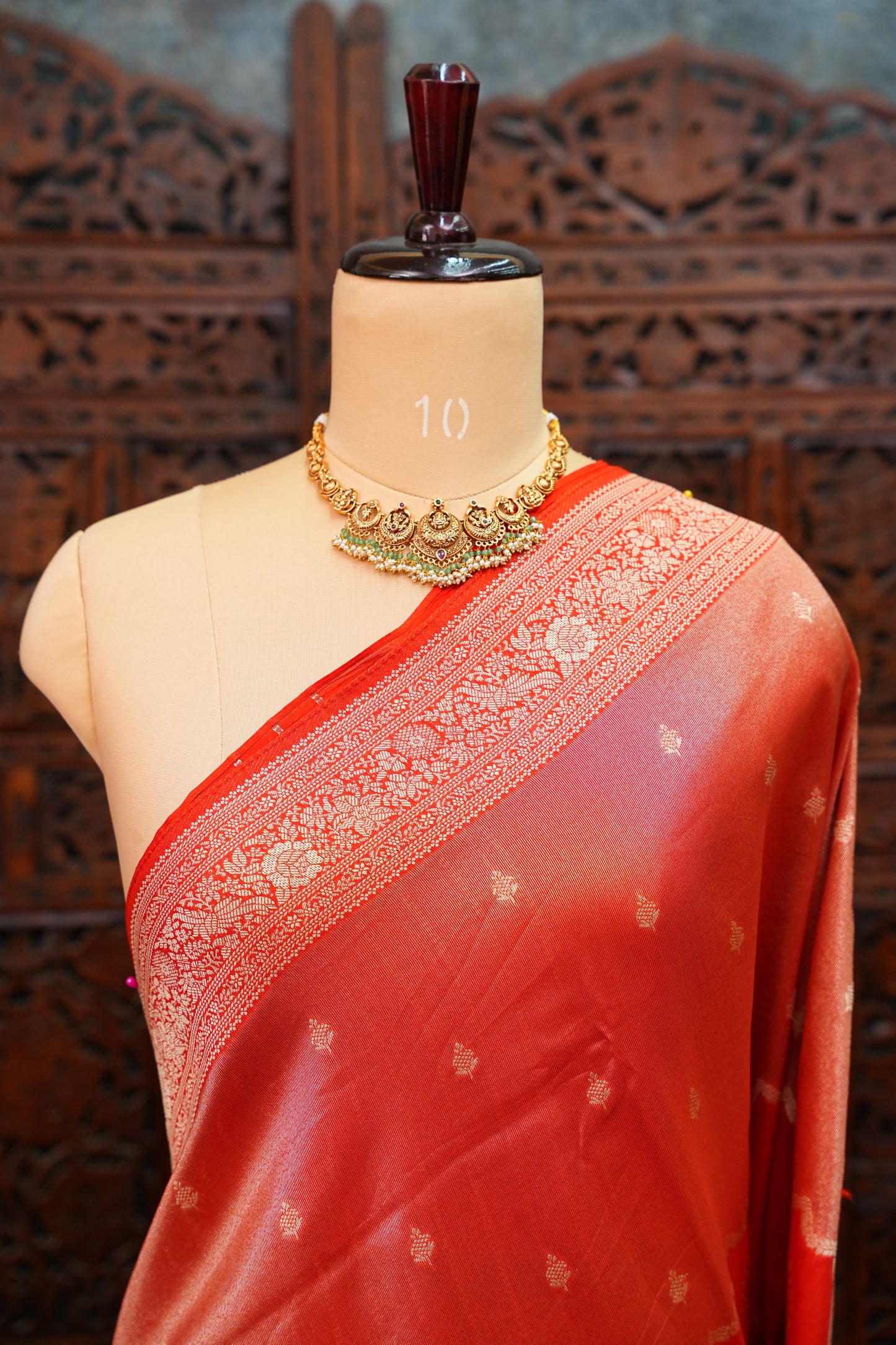 Mellow Tissue & Banarasi Fusion Saree with Meenakari Detailing – Vermilion Red