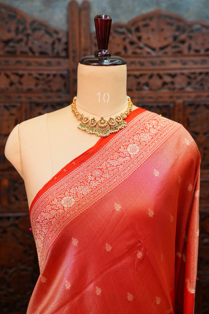 Mellow Tissue & Banarasi Fusion Saree with Meenakari Detailing – Vermilion Red