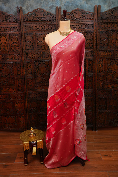 Mellow Tissue & Banarasi Fusion Saree with Meenakari Detailing – Crimson Red