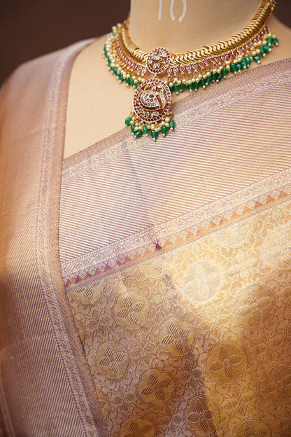 Honey Gold with Mauve Pink Pure Tissue Kanchipuram Silk Saree|Silk Mark Certified