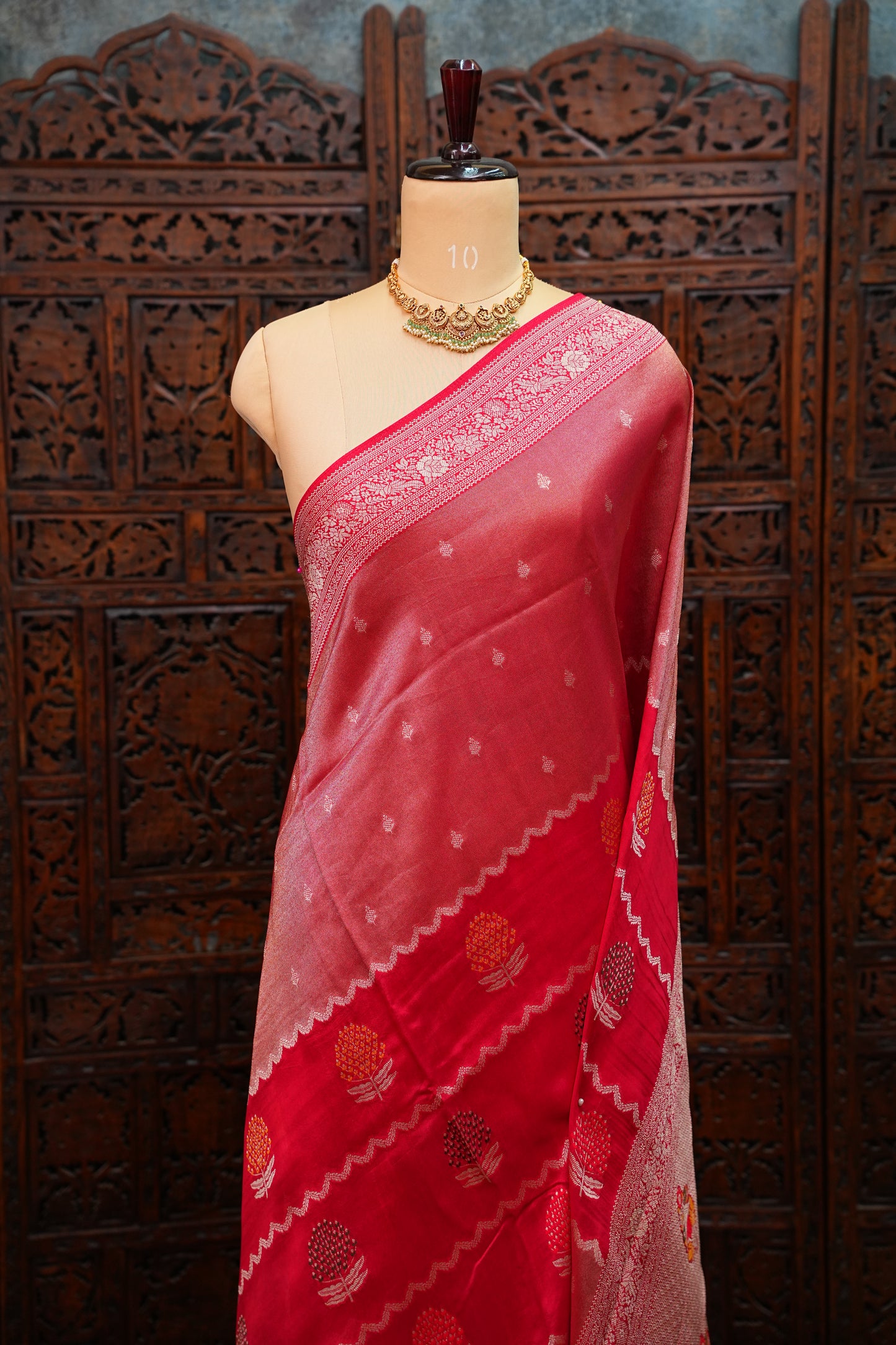 Mellow Tissue & Banarasi Fusion Saree with Meenakari Detailing – Crimson Red