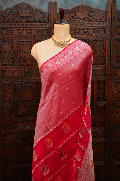 Mellow Tissue & Banarasi Fusion Saree with Meenakari Detailing – Crimson Red