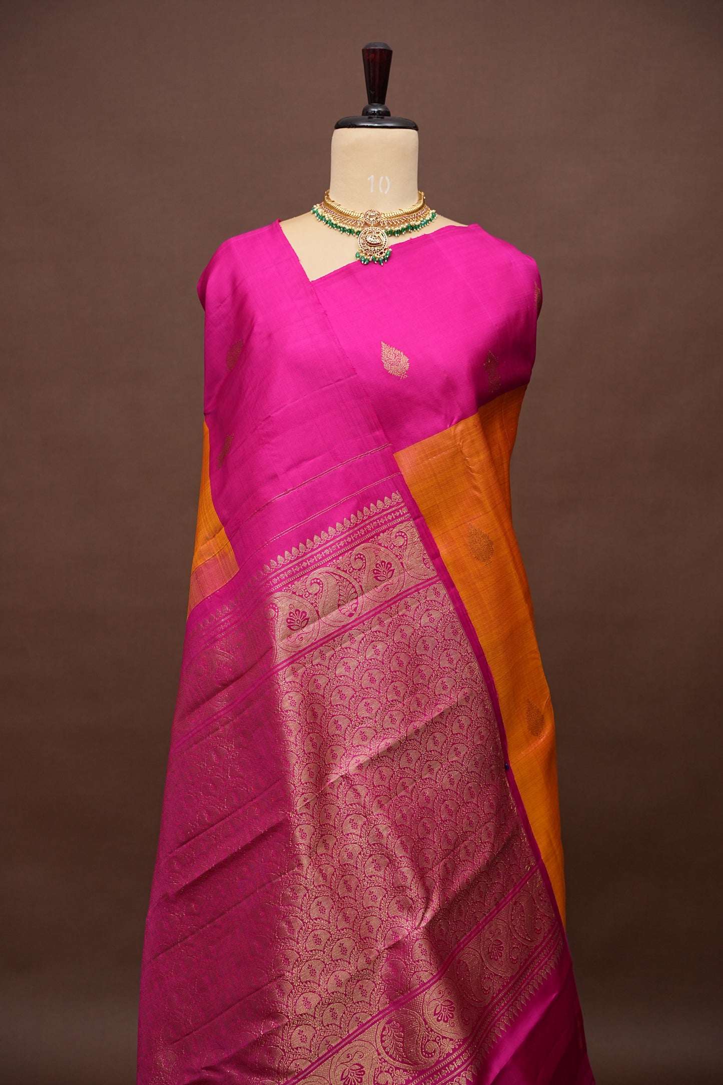 Orange & Pink Kanchipuram Silk Saree with Rich Gold Zari Weaving|Silk Mark Certified