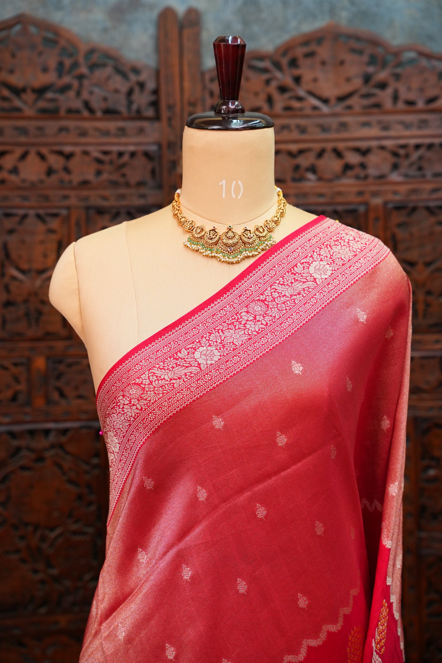 Mellow Tissue & Banarasi Fusion Saree with Meenakari Detailing – Crimson Red