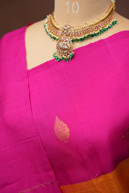 Orange & Pink Kanchipuram Silk Saree with Rich Gold Zari Weaving|Silk Mark Certified